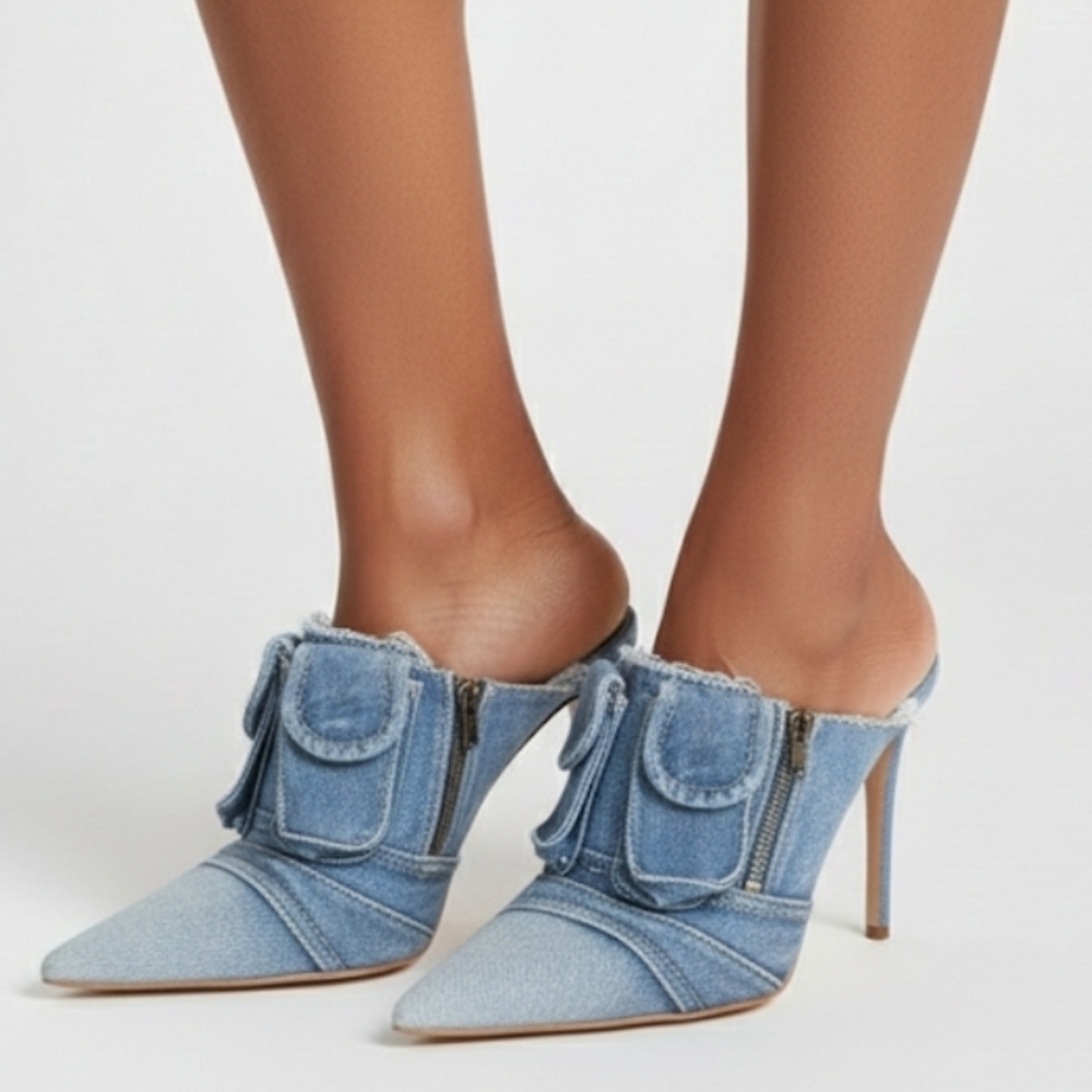 Azalea Wang Distressed Denim Cargo Pockets Mule Heel Size 10